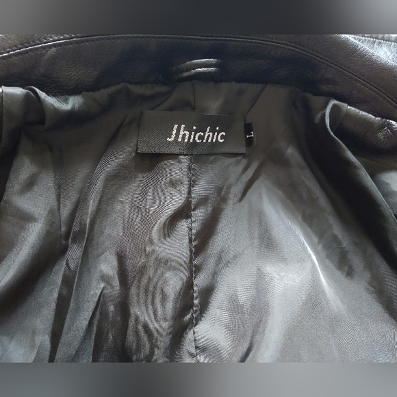 Jhichic Vegan Black Leather Moto Biker Jacket Size L Belted Zip Pockets Lined - Picture 5 of 11